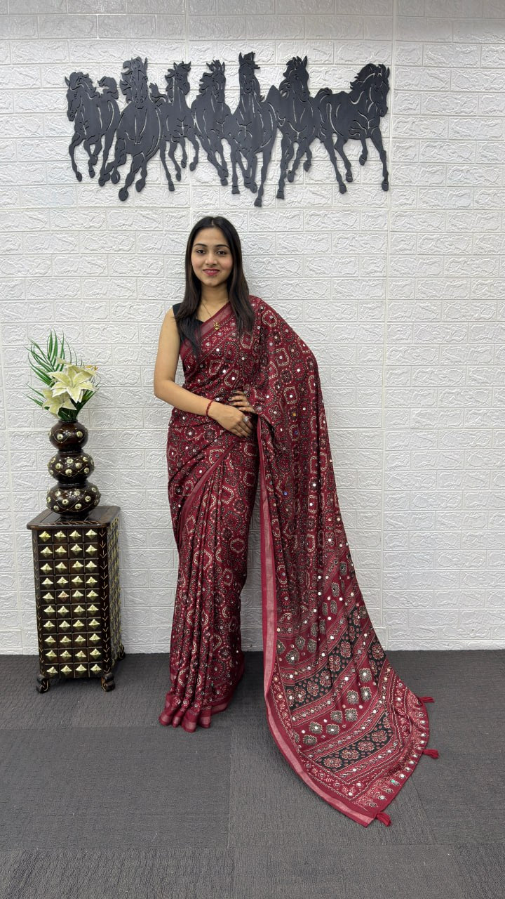 Maroon Soft Silk Saree with Ajrakh Inspired Traditional Print & Designer Ethnic Pallu