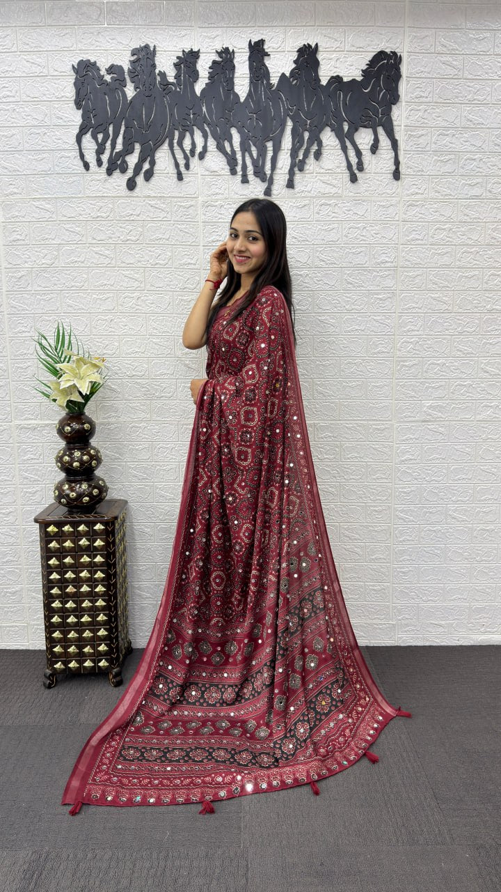 Maroon Soft Silk Saree with Ajrakh Inspired Traditional Print & Designer Ethnic Pallu