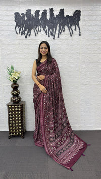 Wine Purple Soft Silk Saree with Intricate Ajrakh Inspired Print & Ethnic Designer Pallu