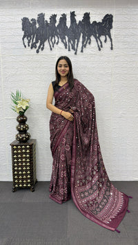 Wine Purple Soft Silk Saree with Intricate Ajrakh Inspired Print & Ethnic Designer Pallu