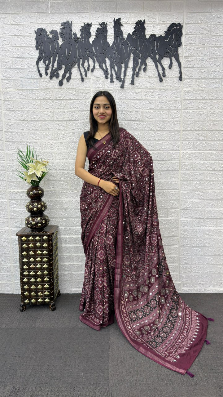 Wine Purple Soft Silk Saree with Intricate Ajrakh Inspired Print & Ethnic Designer Pallu