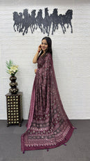 Wine Purple Soft Silk Saree with Intricate Ajrakh Inspired Print & Ethnic Designer Pallu