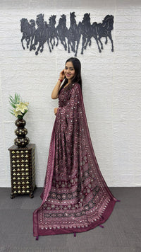 Wine Purple Soft Silk Saree with Intricate Ajrakh Inspired Print & Ethnic Designer Pallu