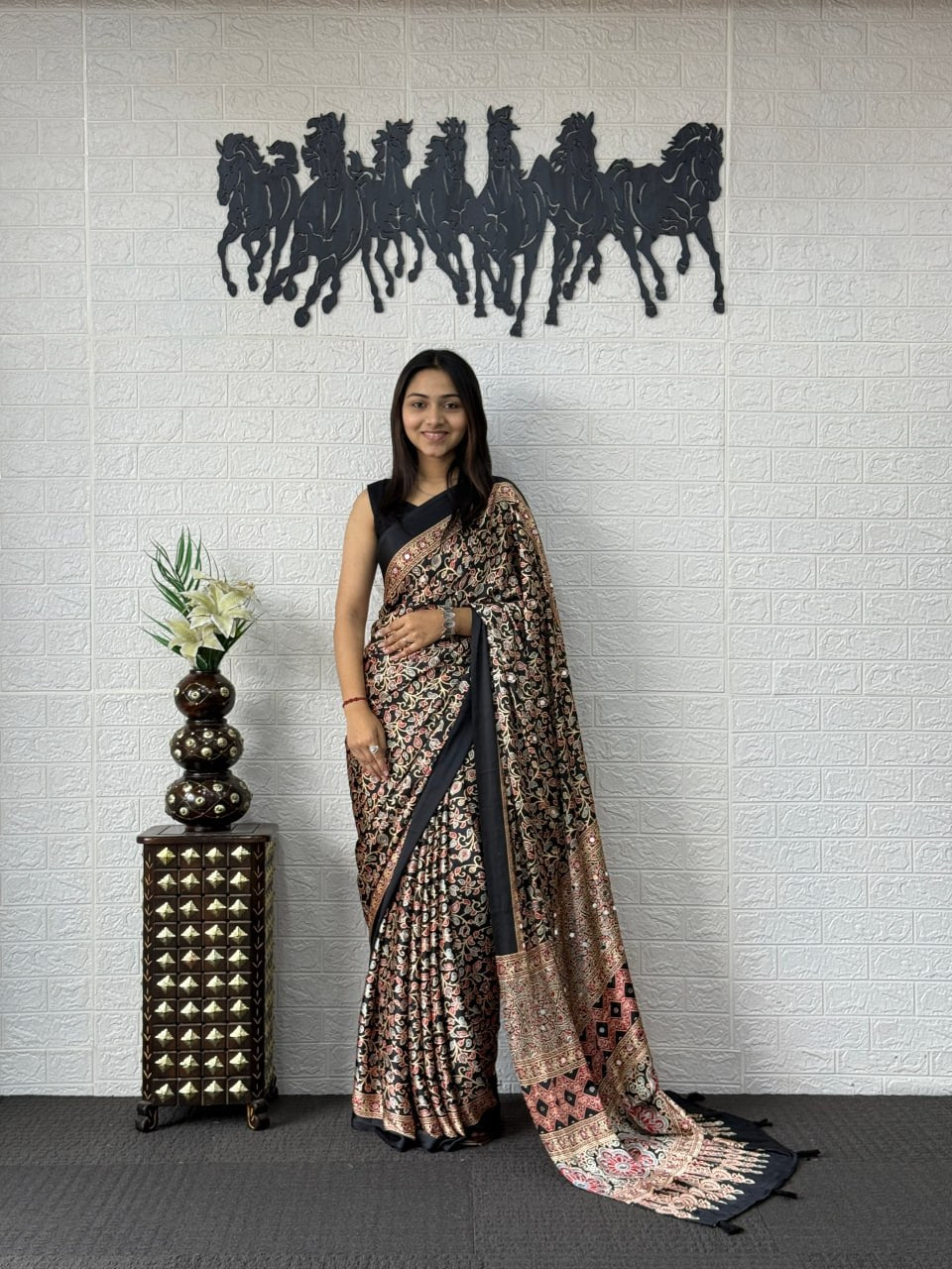 Elegant Black Soft Silk Saree with Vintage Floral Print & Designer Ethnic Pallu