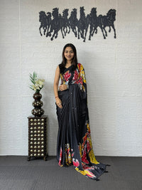 Charcoal Black Soft Silk Saree with Vibrant Artistic Floral Designer Print