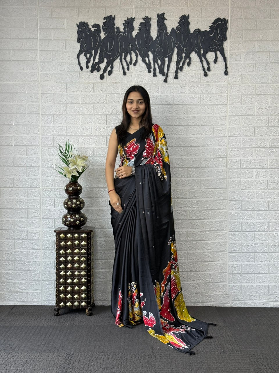 Charcoal Black Soft Silk Saree with Vibrant Artistic Floral Designer Print