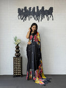 Charcoal Black Soft Silk Saree with Vibrant Artistic Floral Designer Print