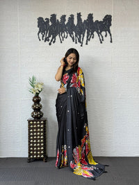 Charcoal Black Soft Silk Saree with Vibrant Artistic Floral Designer Print