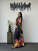 Charcoal Black Soft Silk Saree with Vibrant Artistic Floral Designer Print