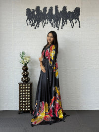 Charcoal Black Soft Silk Saree with Vibrant Artistic Floral Designer Print