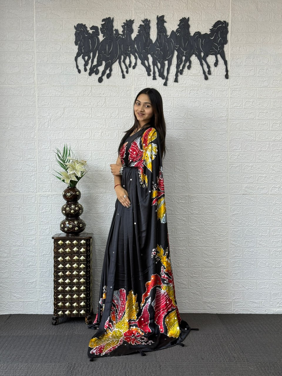 Charcoal Black Soft Silk Saree with Vibrant Artistic Floral Designer Print