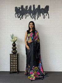 Midnight Black Soft Silk Saree with Multicolor Artistic Floral Print