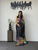 Midnight Black Soft Silk Saree with Multicolor Artistic Floral Print