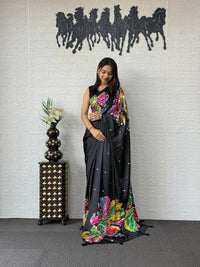 Midnight Black Soft Silk Saree with Multicolor Artistic Floral Print
