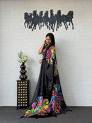 Midnight Black Soft Silk Saree with Multicolor Artistic Floral Print