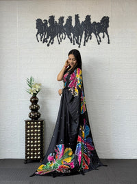Midnight Black Soft Silk Saree with Multicolor Artistic Floral Print