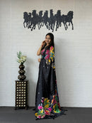 Midnight Black Soft Silk Saree with Multicolor Artistic Floral Print
