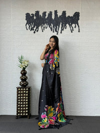 Midnight Black Soft Silk Saree with Multicolor Artistic Floral Print