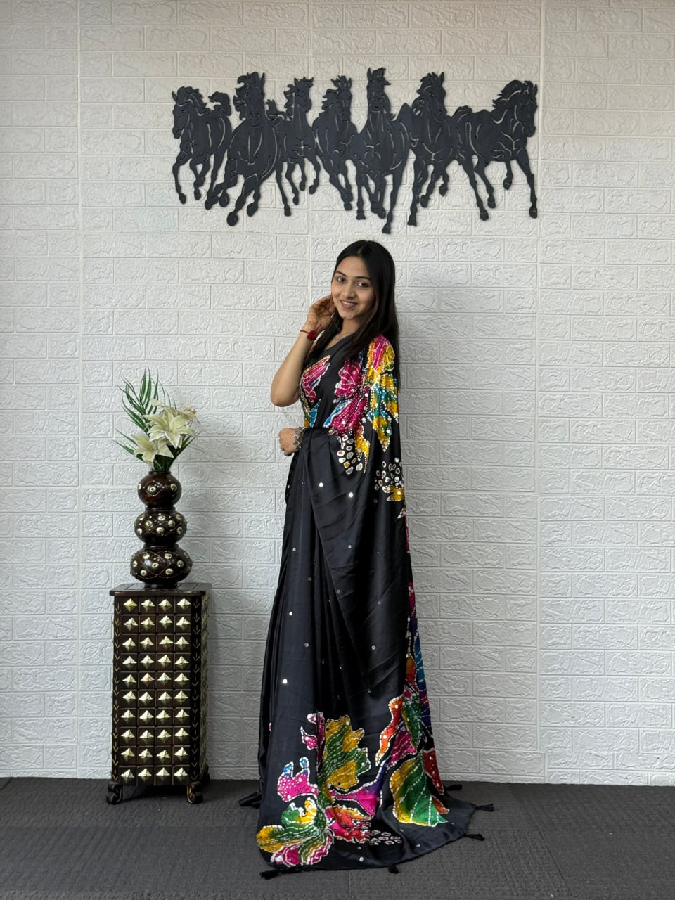 Midnight Black Soft Silk Saree with Multicolor Artistic Floral Print
