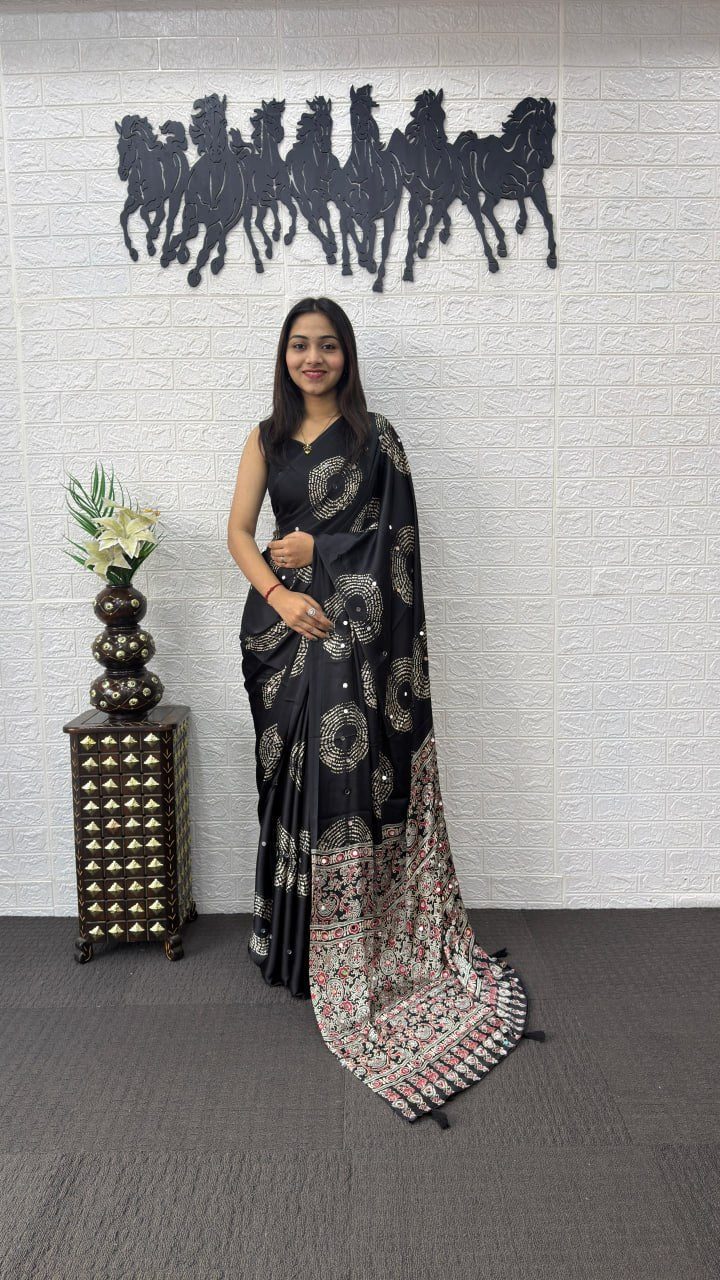 Classic Black Soft Silk Saree with Bandhani Inspired Motifs & Heavy Designer Pallu