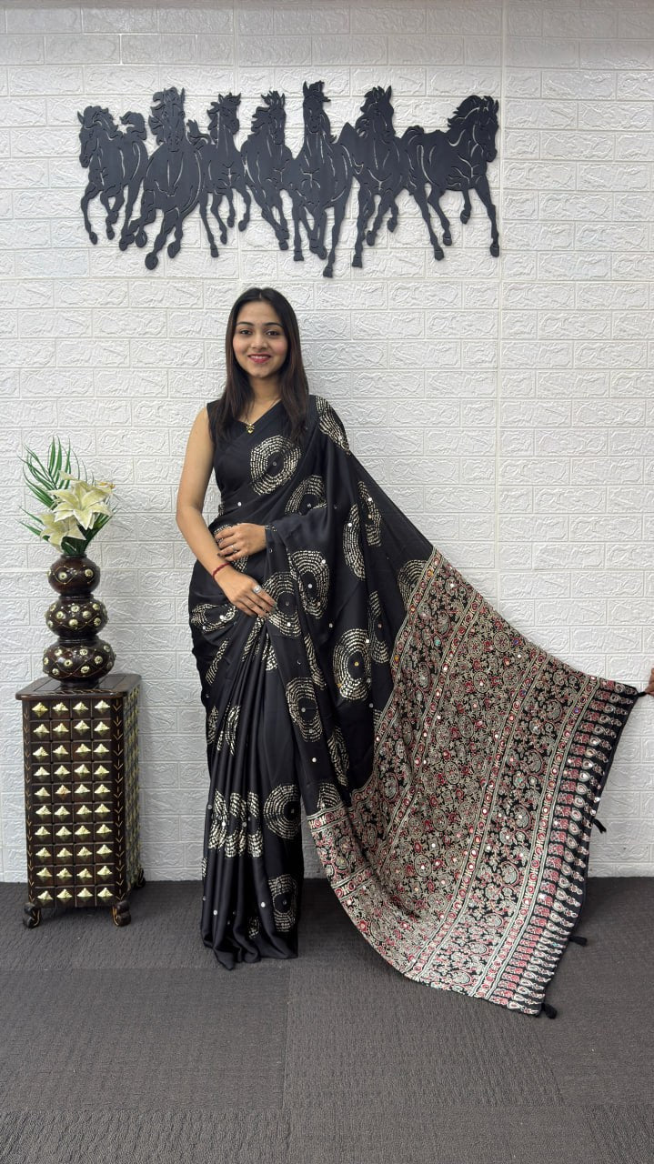 Classic Black Soft Silk Saree with Bandhani Inspired Motifs & Heavy Designer Pallu