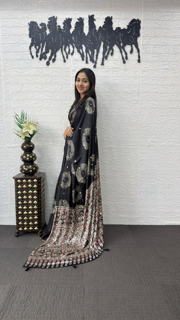 Classic Black Soft Silk Saree with Bandhani Inspired Motifs & Heavy Designer Pallu