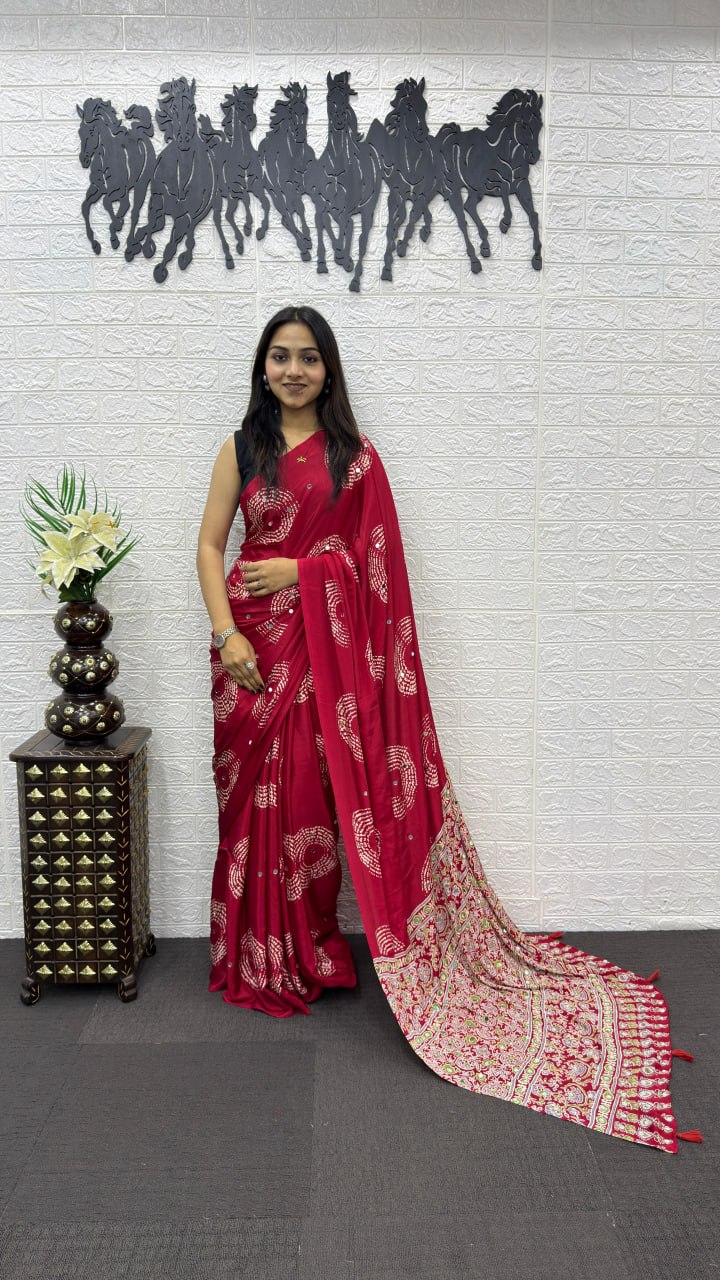 Rani Pink Soft Silk Saree with Bandhani Inspired Motifs & Heavy Ethnic Designer Pallu