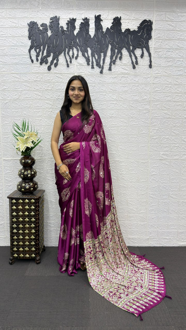 Royal Purple Soft Silk Saree with Bandhani Inspired Motifs & Heavy Designer Pallu