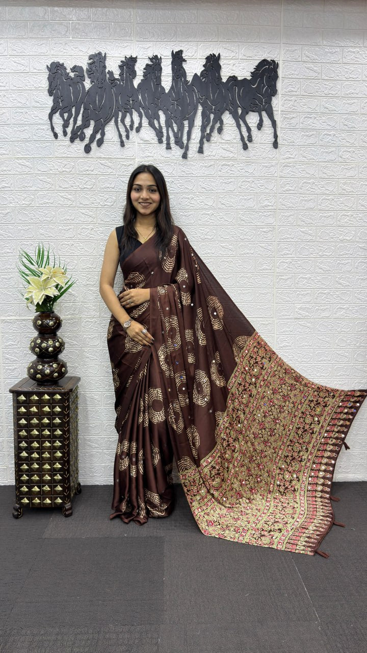 Rich Chocolate Brown Soft Silk Saree with Bandhani Inspired Motifs & Designer Ethnic Pallu