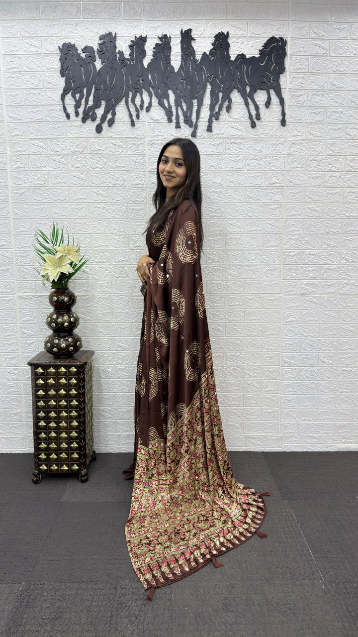Rich Chocolate Brown Soft Silk Saree with Bandhani Inspired Motifs & Designer Ethnic Pallu