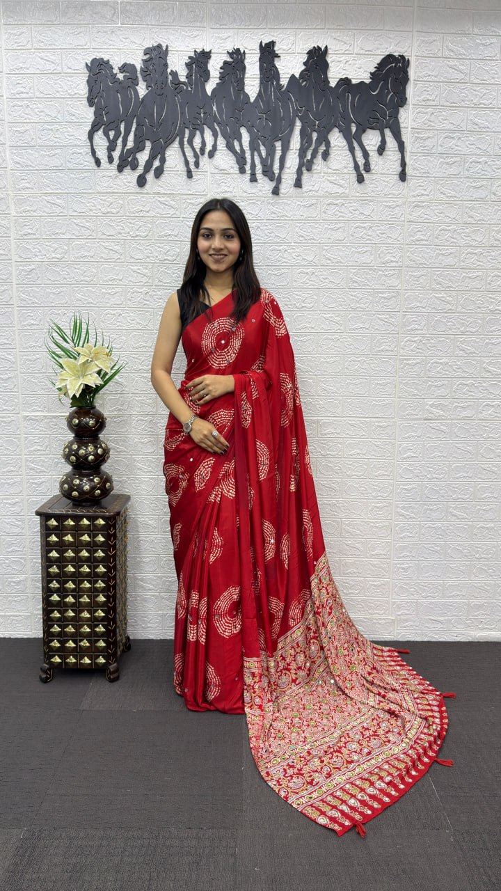Crimson Red Soft Silk Saree with Bandhani Inspired Motifs & Royal Designer Pallu