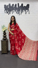 Crimson Red Soft Silk Saree with Bandhani Inspired Motifs & Royal Designer Pallu
