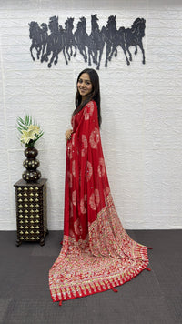 Crimson Red Soft Silk Saree with Bandhani Inspired Motifs & Royal Designer Pallu