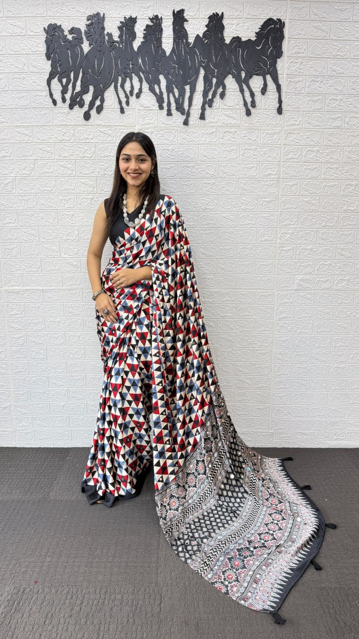 Multicolor Geometric Printed Soft Silk Saree with Artistic Designer Pallu