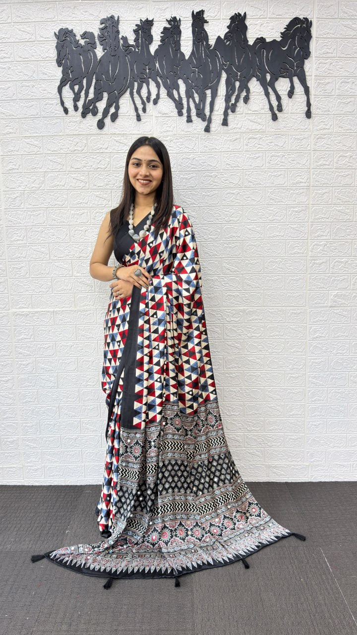 Multicolor Geometric Printed Soft Silk Saree with Artistic Designer Pallu