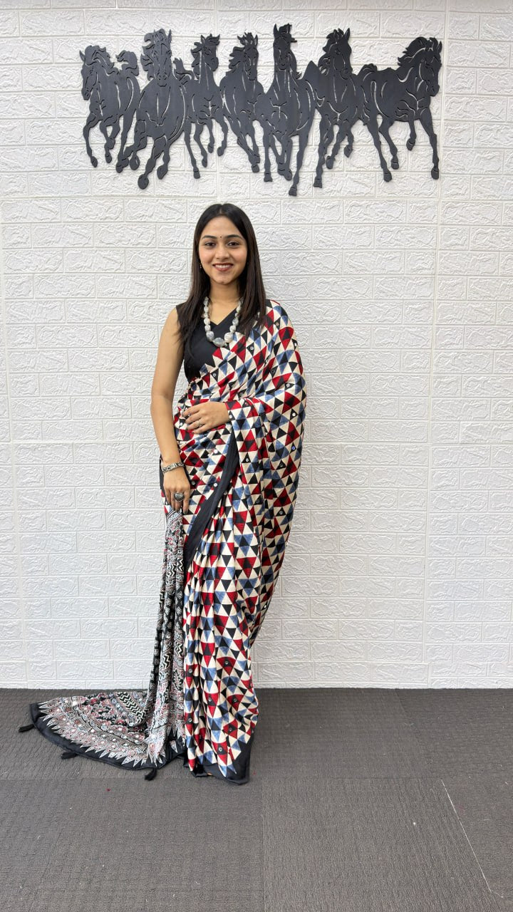 Multicolor Geometric Printed Soft Silk Saree with Artistic Designer Pallu