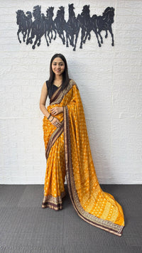 Mustard Yellow Cotton Silk Saree with Traditional Buti Print & Rich Brown Border