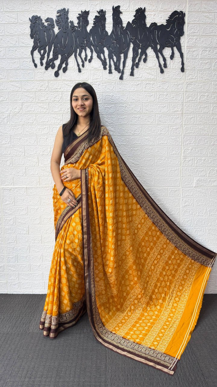 Mustard Yellow Cotton Silk Saree with Traditional Buti Print & Rich Brown Border