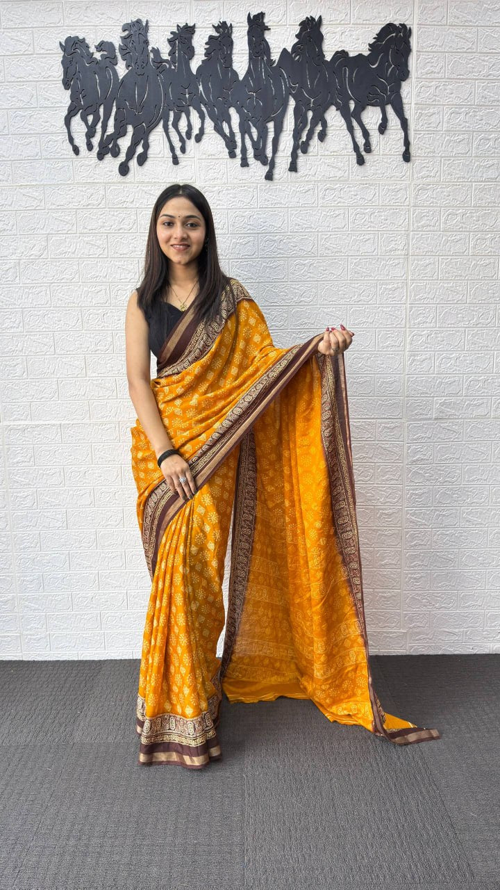 Mustard Yellow Cotton Silk Saree with Traditional Buti Print & Rich Brown Border