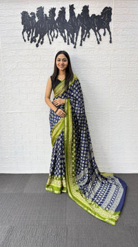 Royal Blue Cotton Silk Saree with Traditional Floral Buti Print & Lime Green Border