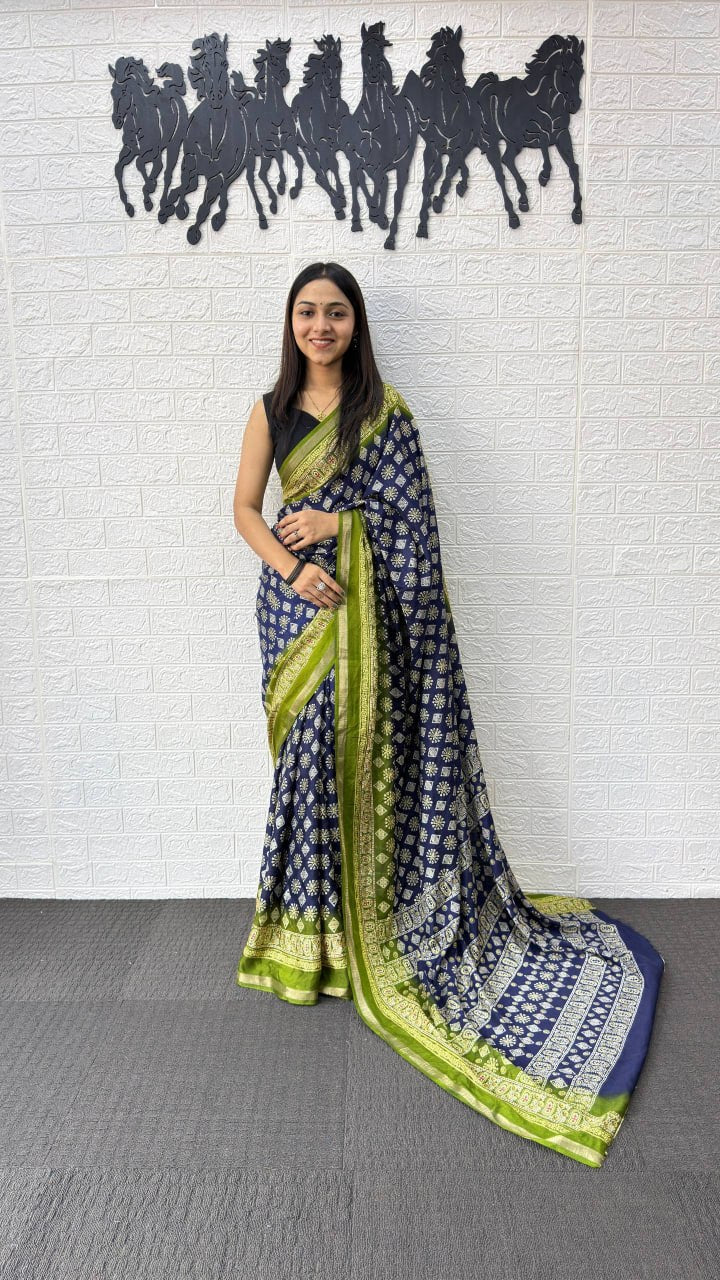 Royal Blue Cotton Silk Saree with Traditional Floral Buti Print & Lime Green Border
