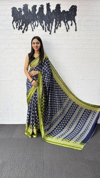 Royal Blue Cotton Silk Saree with Traditional Floral Buti Print & Lime Green Border