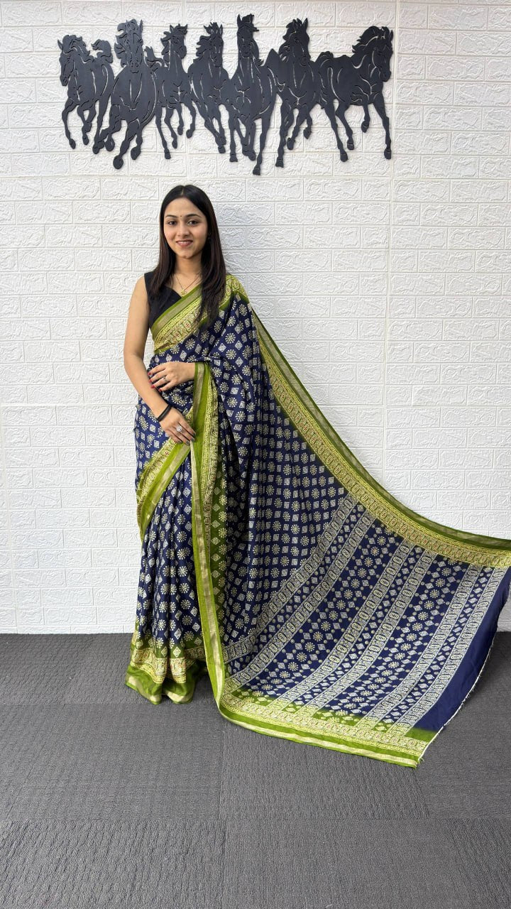 Royal Blue Cotton Silk Saree with Traditional Floral Buti Print & Lime Green Border
