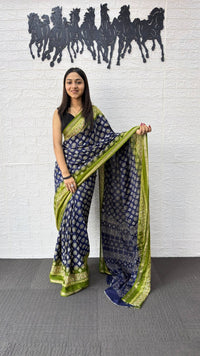 Royal Blue Cotton Silk Saree with Traditional Floral Buti Print & Lime Green Border