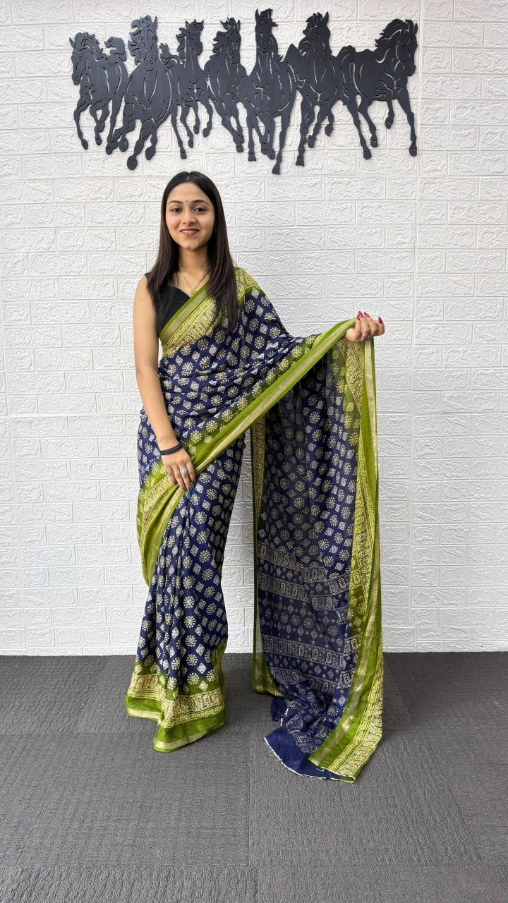 Royal Blue Cotton Silk Saree with Traditional Floral Buti Print & Lime Green Border
