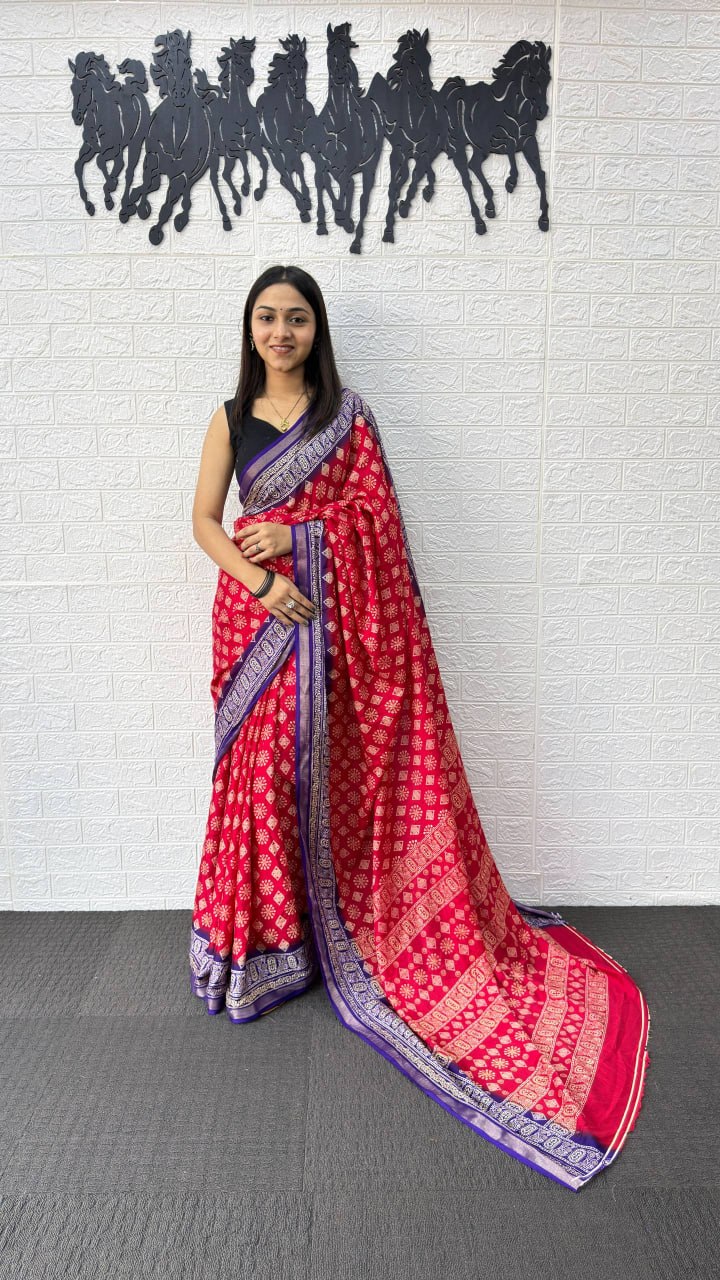 Rani Pink Cotton Silk Saree with Floral Buti Print & Royal Purple Border
