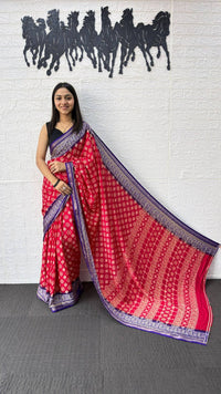 Rani Pink Cotton Silk Saree with Floral Buti Print & Royal Purple Border