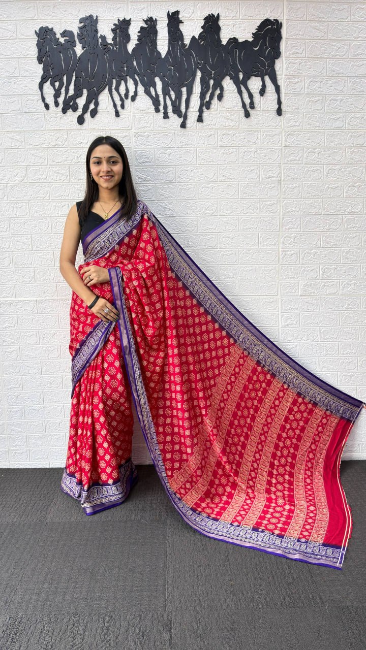 Rani Pink Cotton Silk Saree with Floral Buti Print & Royal Purple Border