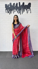 Rani Pink Cotton Silk Saree with Floral Buti Print & Royal Purple Border