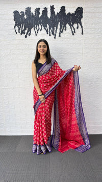 Rani Pink Cotton Silk Saree with Floral Buti Print & Royal Purple Border